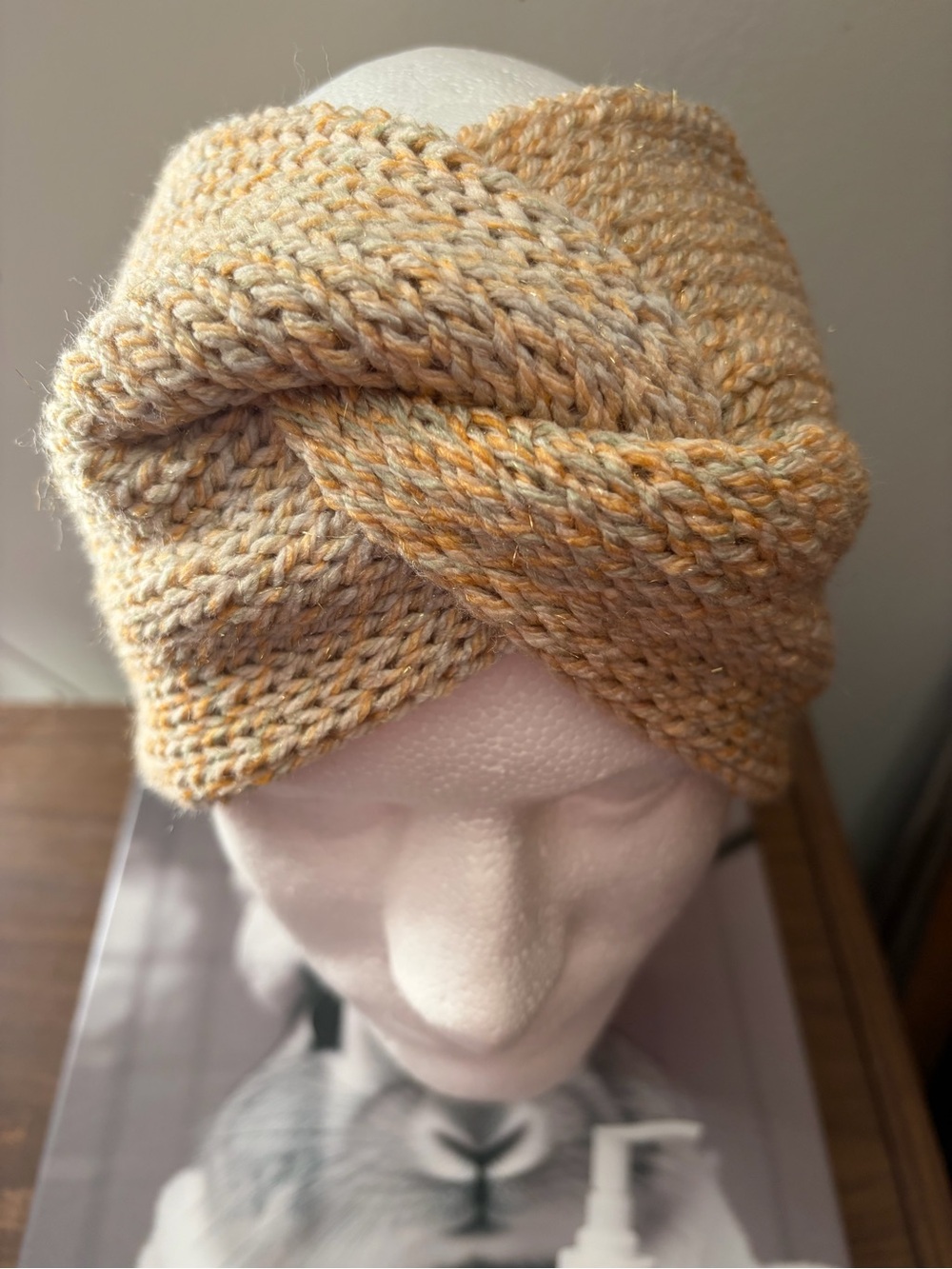 Handmade Cream Gold Fleck Knit Twist Ear Warmer Neutral Winter Headband - Picture 2 of 7